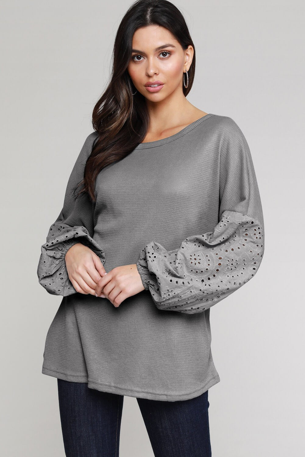 Waffle Eyelet Puff Sleeve Top